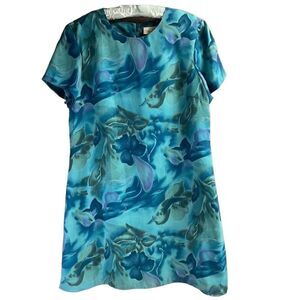Kathie Lee Collection Ladies Floral Teal Short Sheer Sleeve Shift Dress 10